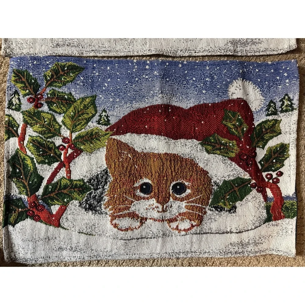Christmas Placements Set Of 4 Kitten With Santa‎ Hat With Storeage Bag